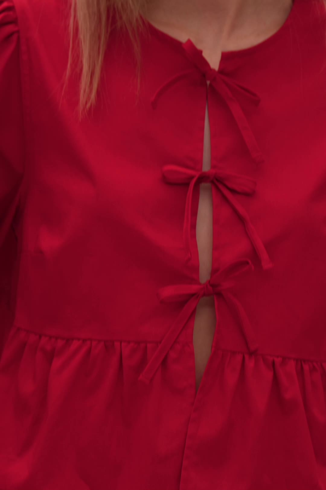 Tie-detail puff-sleeved blouse - Red| H&M CN